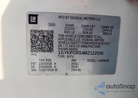 2021 Cadillac Xt6 Premium Luxury z USA, uszkodzony, nr VIN 1GYKPCRS4MZ122026